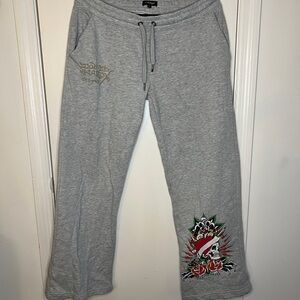 Ed Hardy Gray Wide Leg Sweatpants with Heart & Skulls Graphic
